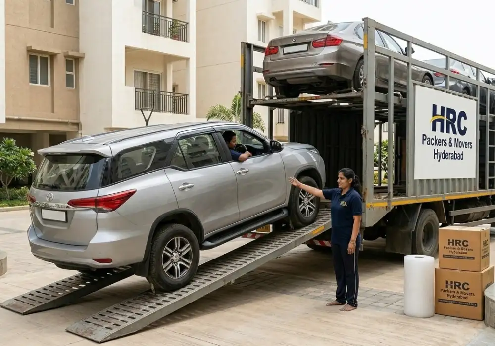 Car transport service in Hyderabad with covered vehicle transport by HRC Packers